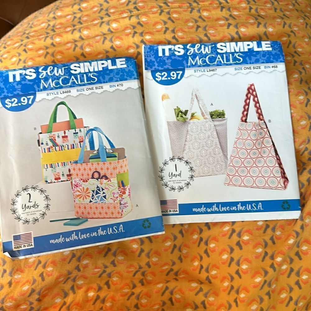 Set of 2 Mccall’s One Size Tote Bag Patterns Hobo Bags